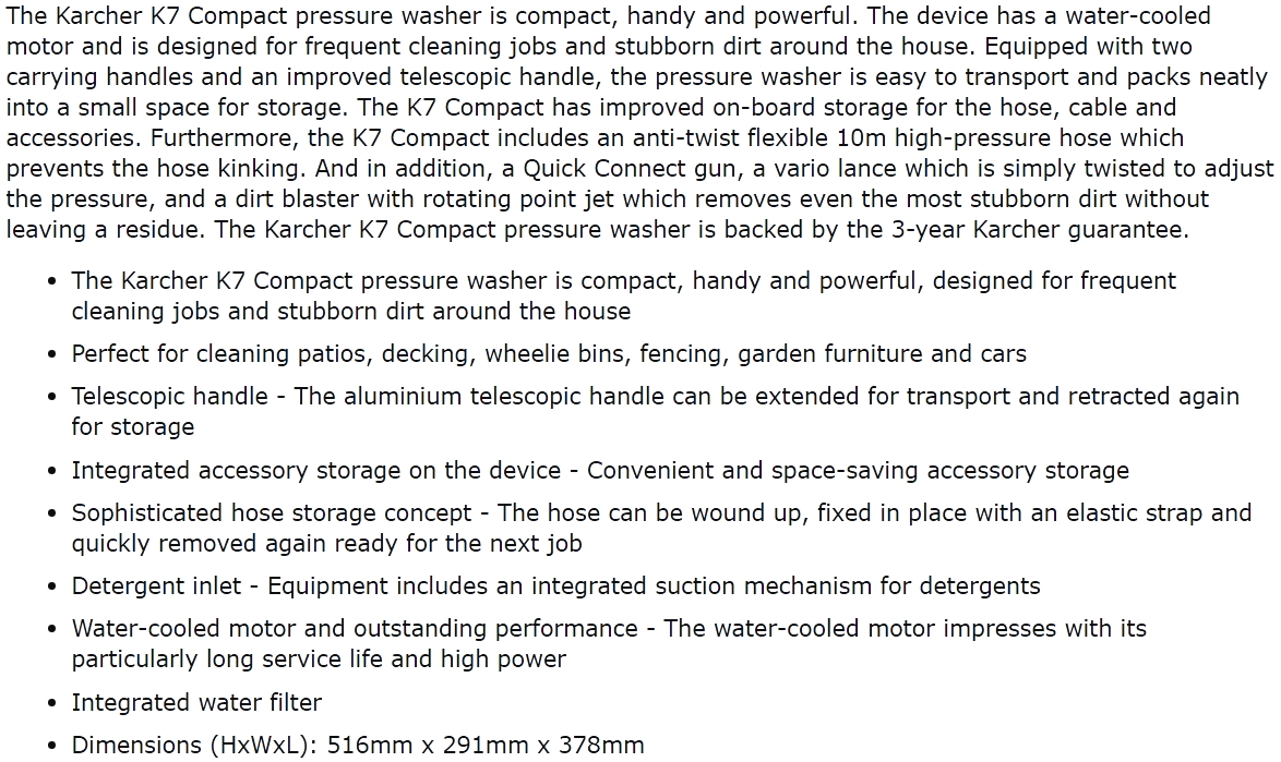 מכונת שטיפה בלחץ גרניק קרשר KARCHER K7 COMPACT TEXT